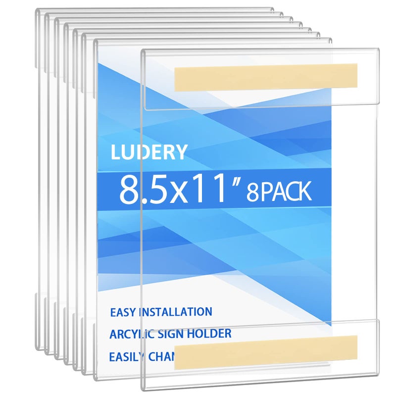 Ludery 8.5 x 11 Wall Mount Acrylic Sign Holders with Tape Adhesive, Clear Frames Paper Holder for Office, Home, Store, Restaurant(8 Pack) - Image 1